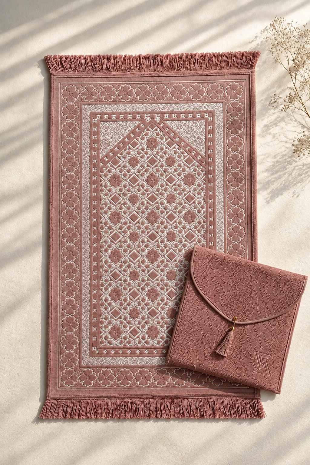 Rose Serenity – Elegant Blush Prayer Mat & Travel Pouch Bag Set
