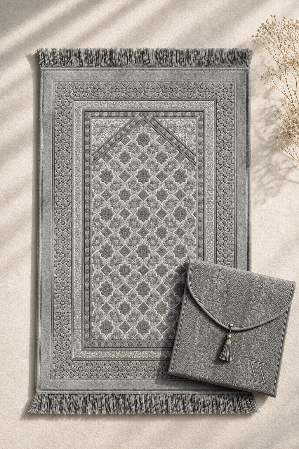 Silver Serenity - Elegant Prayer Mat & Travel Pouch Bag Set