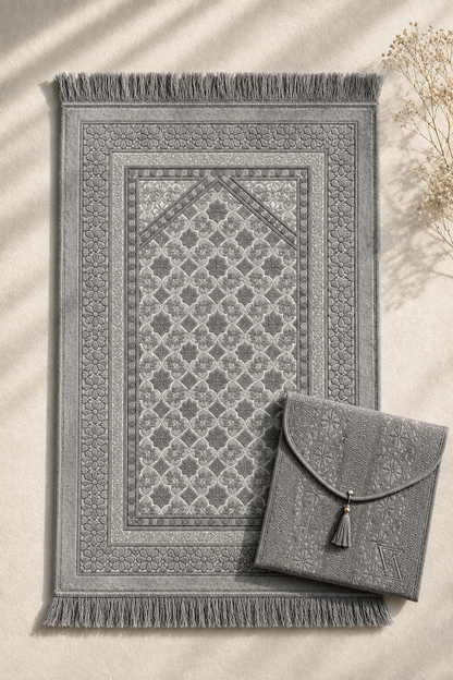 Silver Serenity - Elegant Prayer Mat & Travel Pouch Bag Set