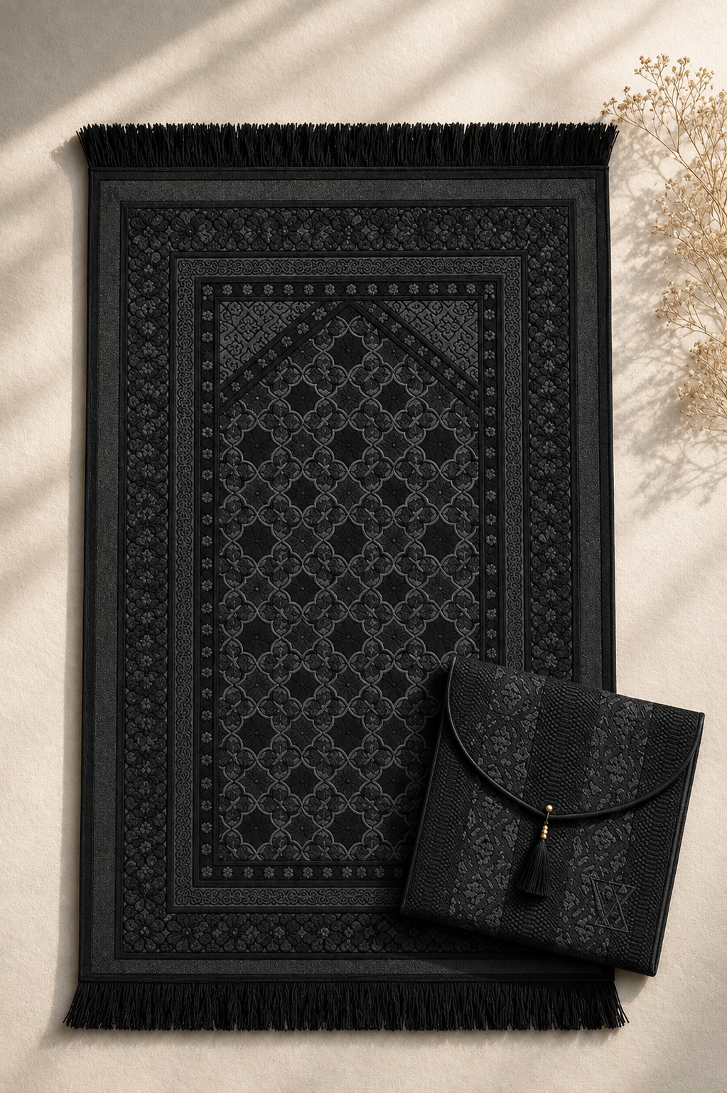 Noir Elegance - Premium Black Prayer Mat & Pouch Bag Set