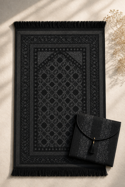 Noir Elegance - Premium Black Prayer Mat & Pouch Bag Set