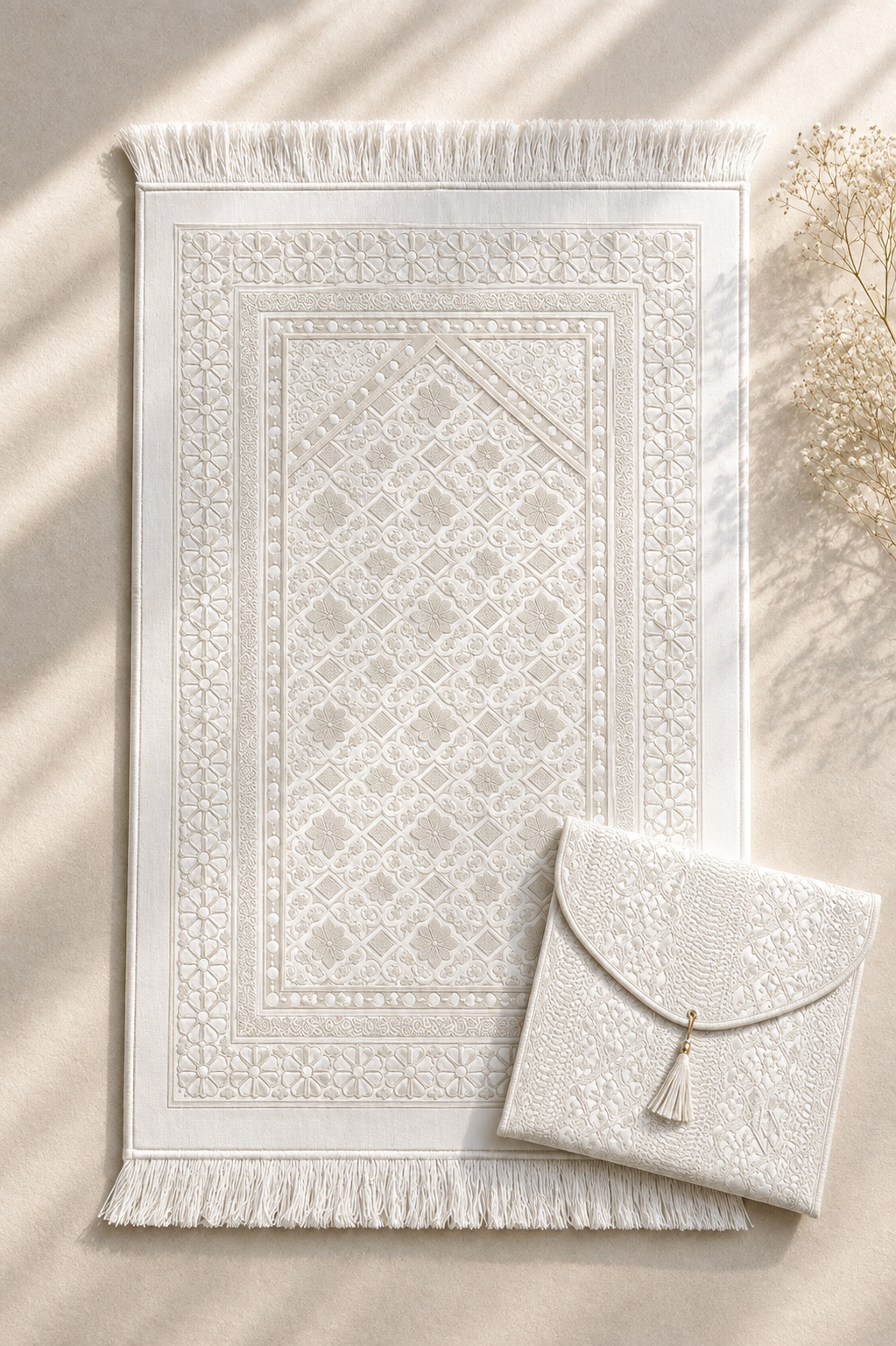 Pearl Serenity – Elegant White Prayer Mat & Travel Pouch Bag Set
