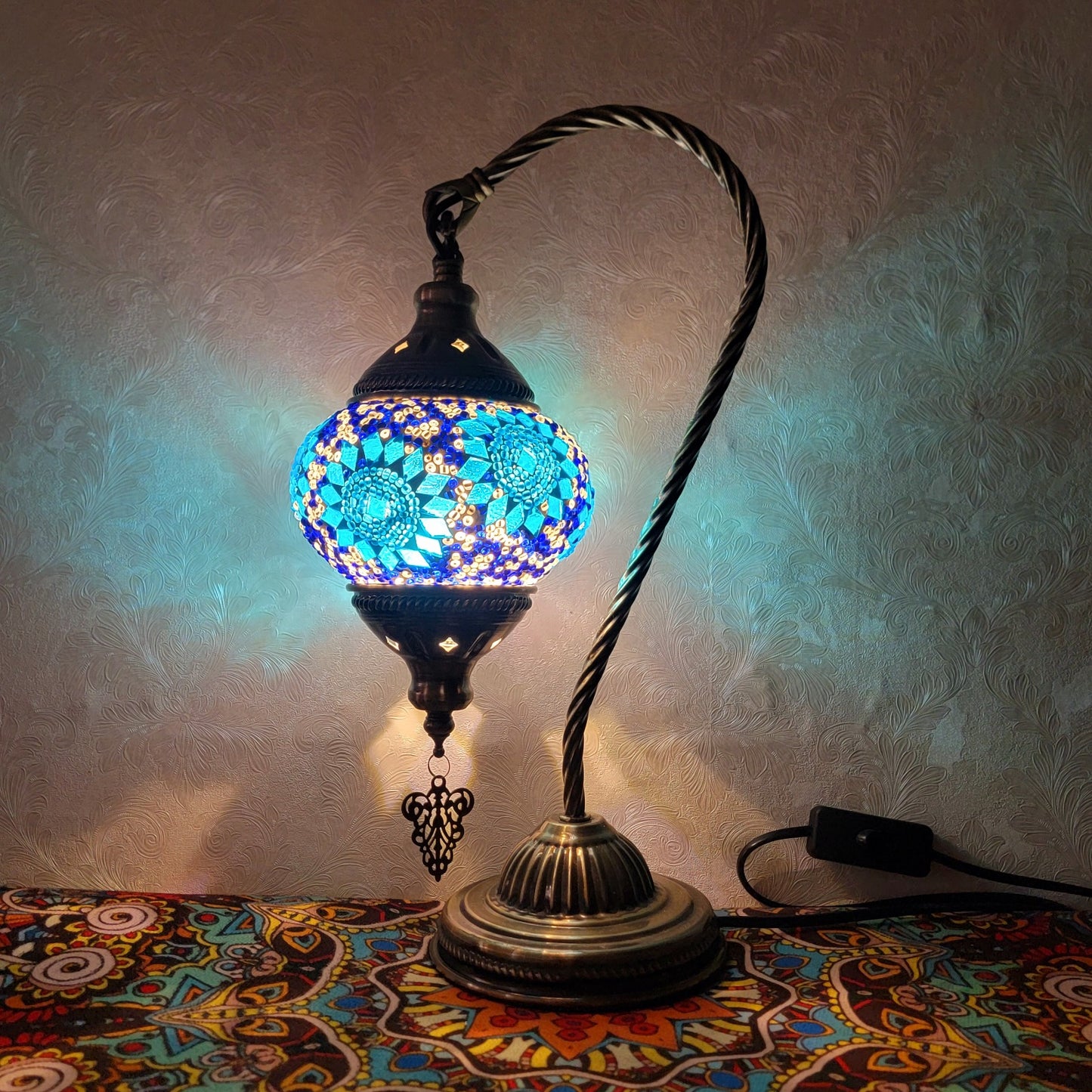 Turkish Mosaic Glass Handcrafted Swan Neck Style Bedside & Desk Lamp - 2096-1T