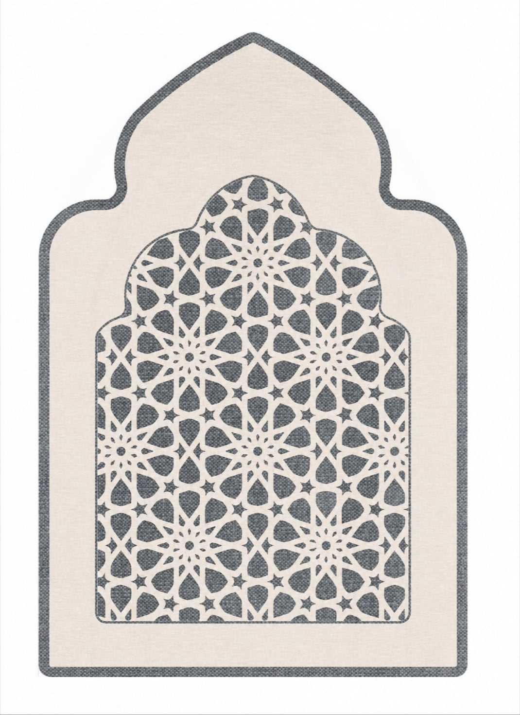 Silver Mashrabiya prayer mat from Masra with a bamboo top layer