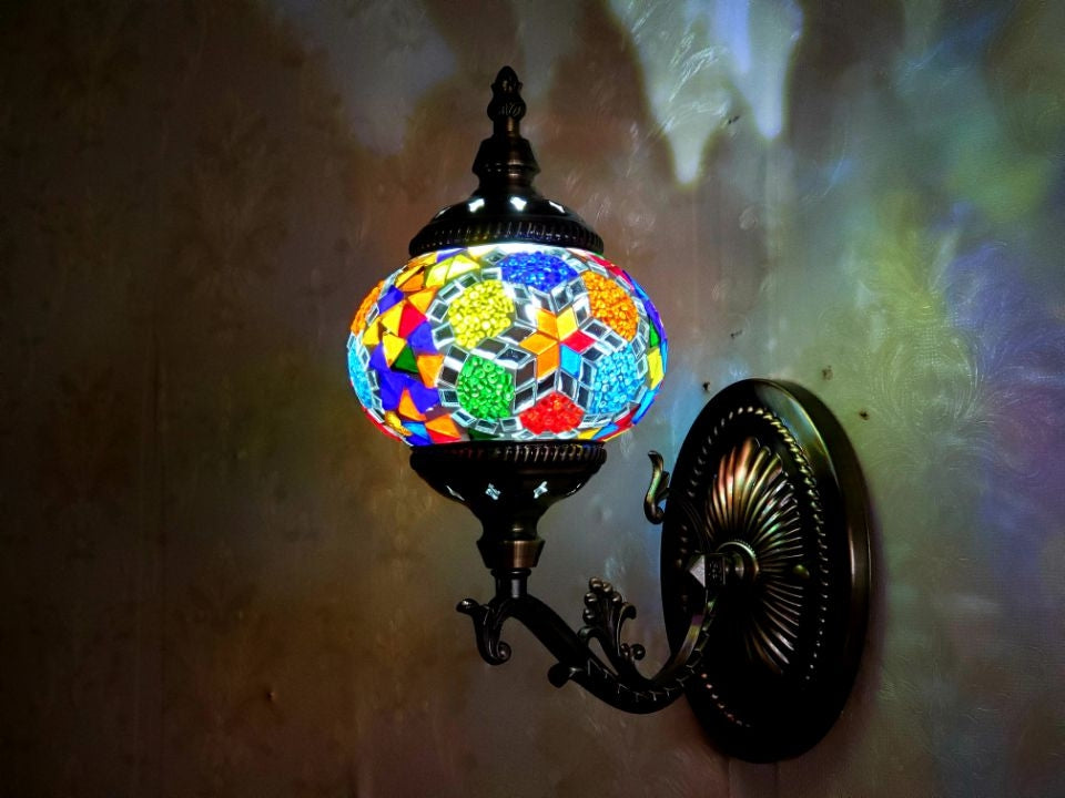 Turkish Honeycomb Mosaic Wall Lamp – Handcrafted Multicolor Glass Wall Sconce - 1320-1W
